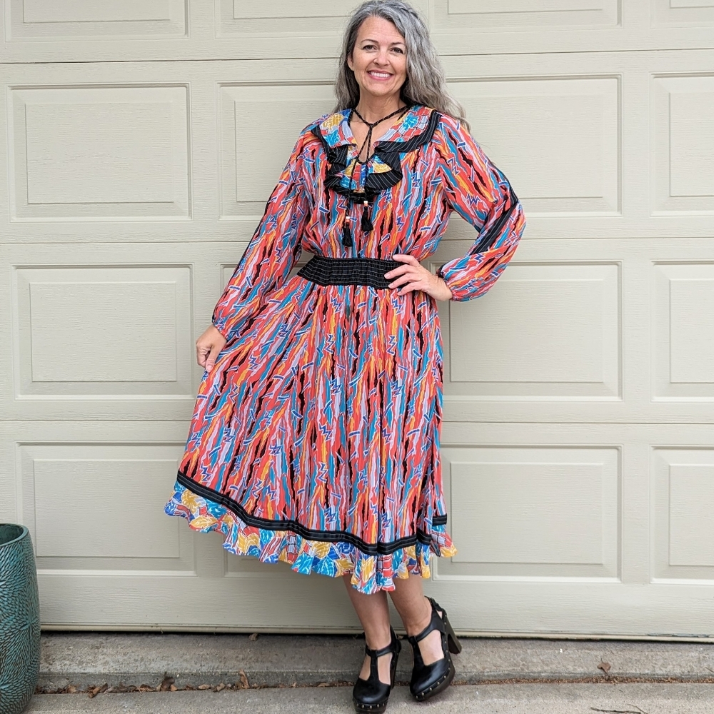 vintage DIANE FREIS colorful midi dress 1980's 80's M
